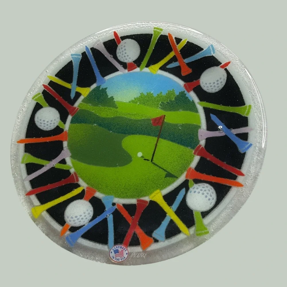 Peggy Karr Fused Glass Golf Plate Signed Art Glass 11.5 Inch Green Fairway Decor